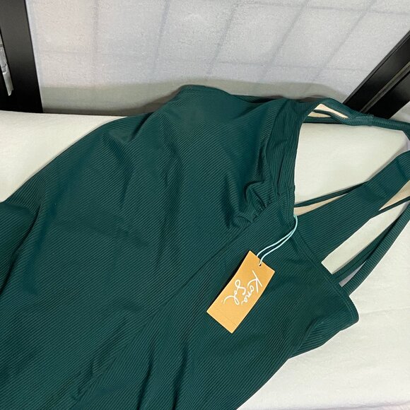 Kona Sol Ribbed V Neck Stretch Strappy Racerback Swim Tankini Top Green NWT - Picture 6 of 10